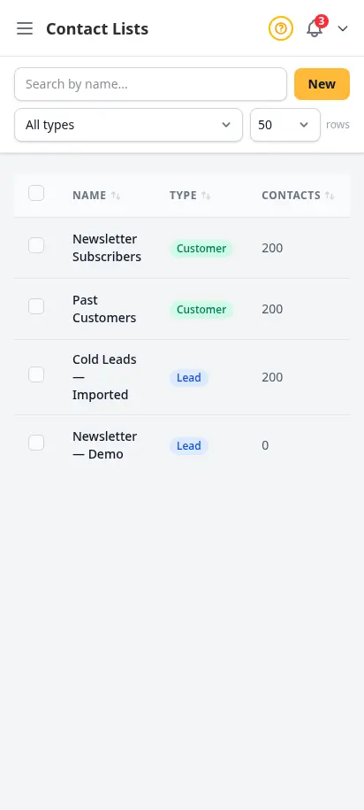 DabDash contact lists page showing audience segments for email campaigns with import and contact counts