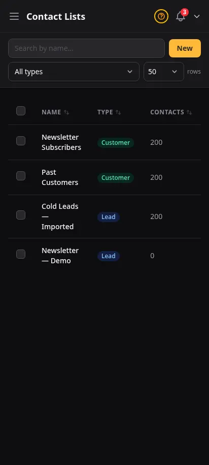 DabDash contact lists page showing audience segments for email campaigns with import and contact counts