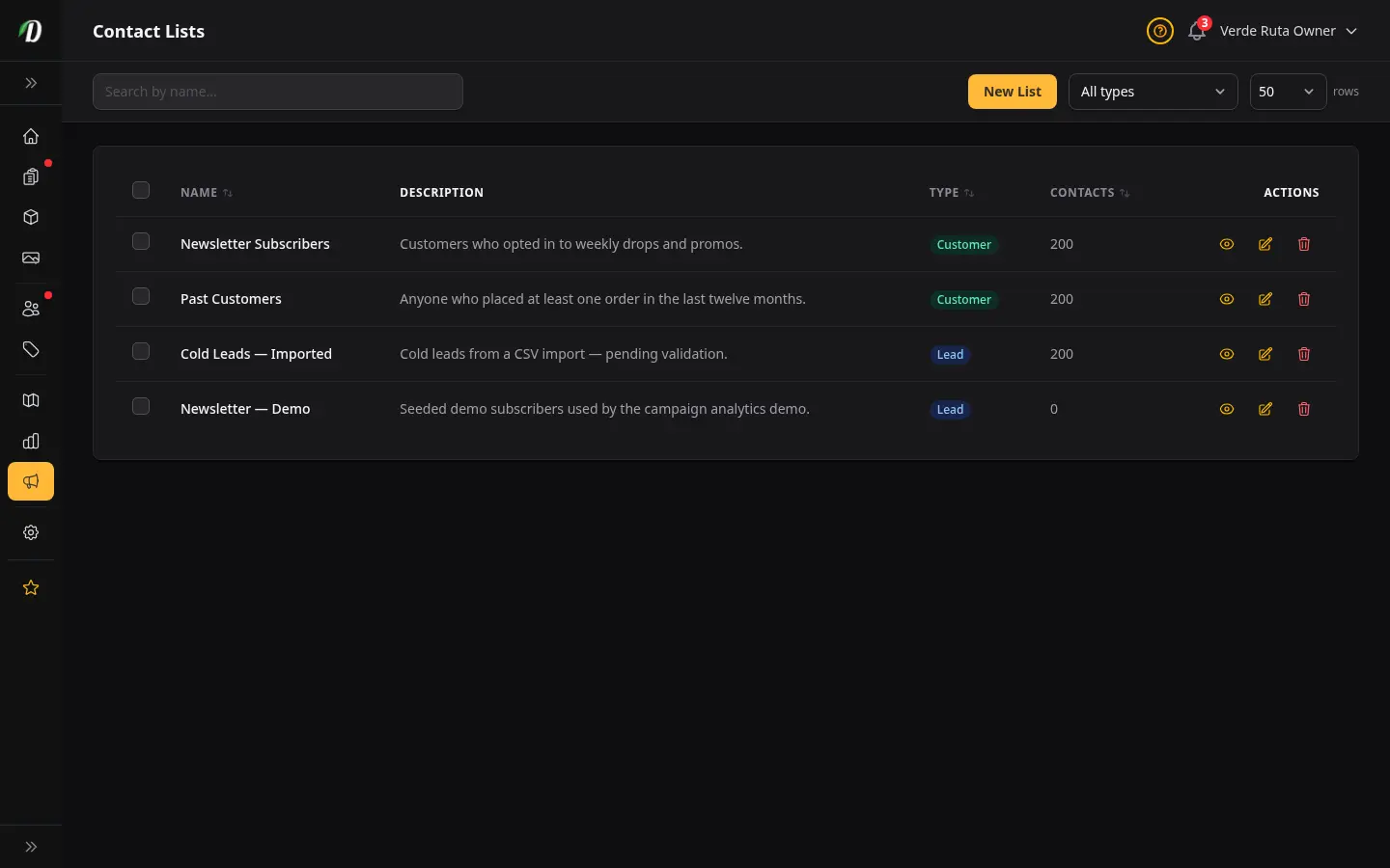 DabDash contact lists page showing audience segments for email campaigns with import and contact counts