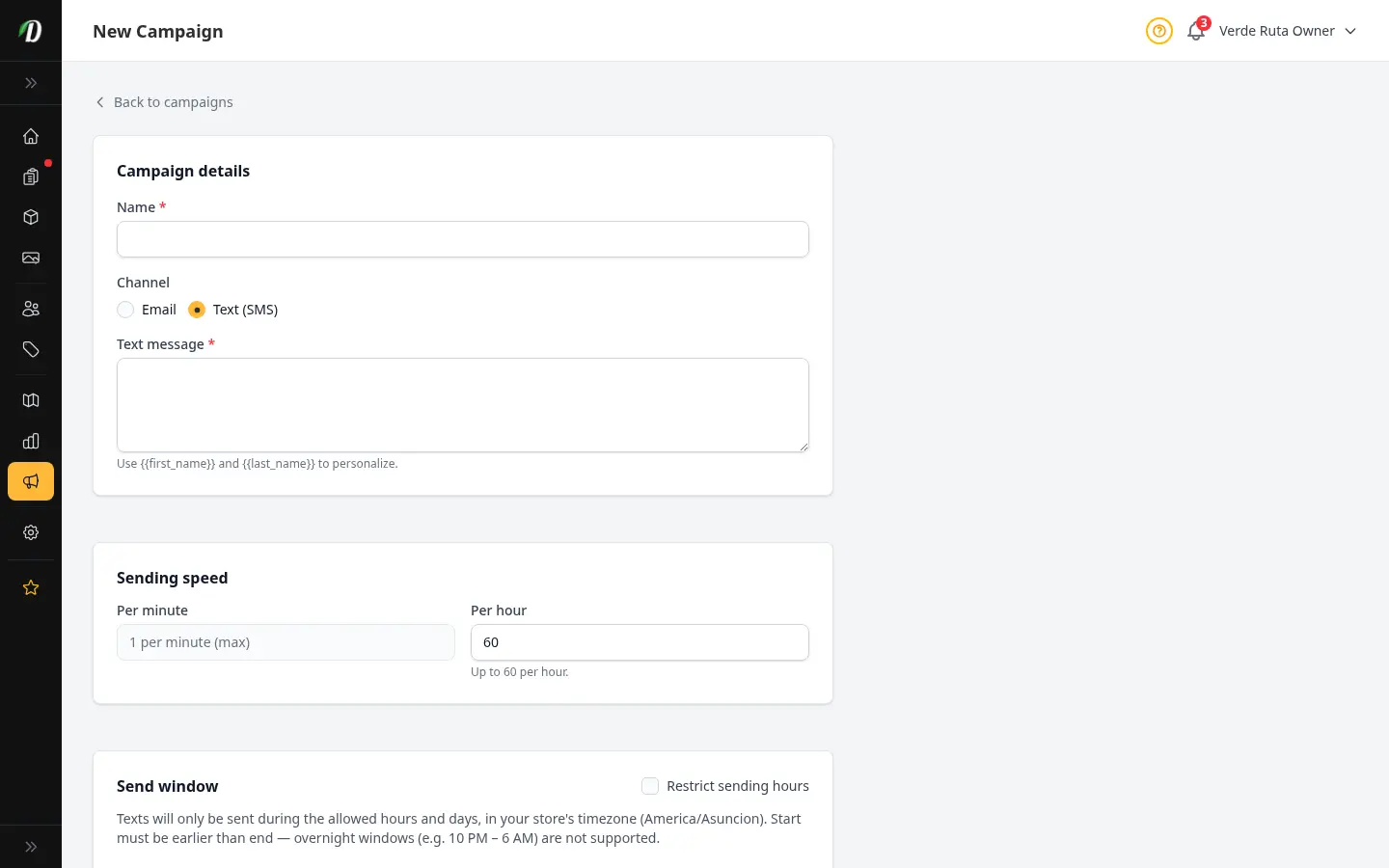 The new campaign screen in DabDash with Text (SMS) selected, a message draft, and the opted-in customer audience preview