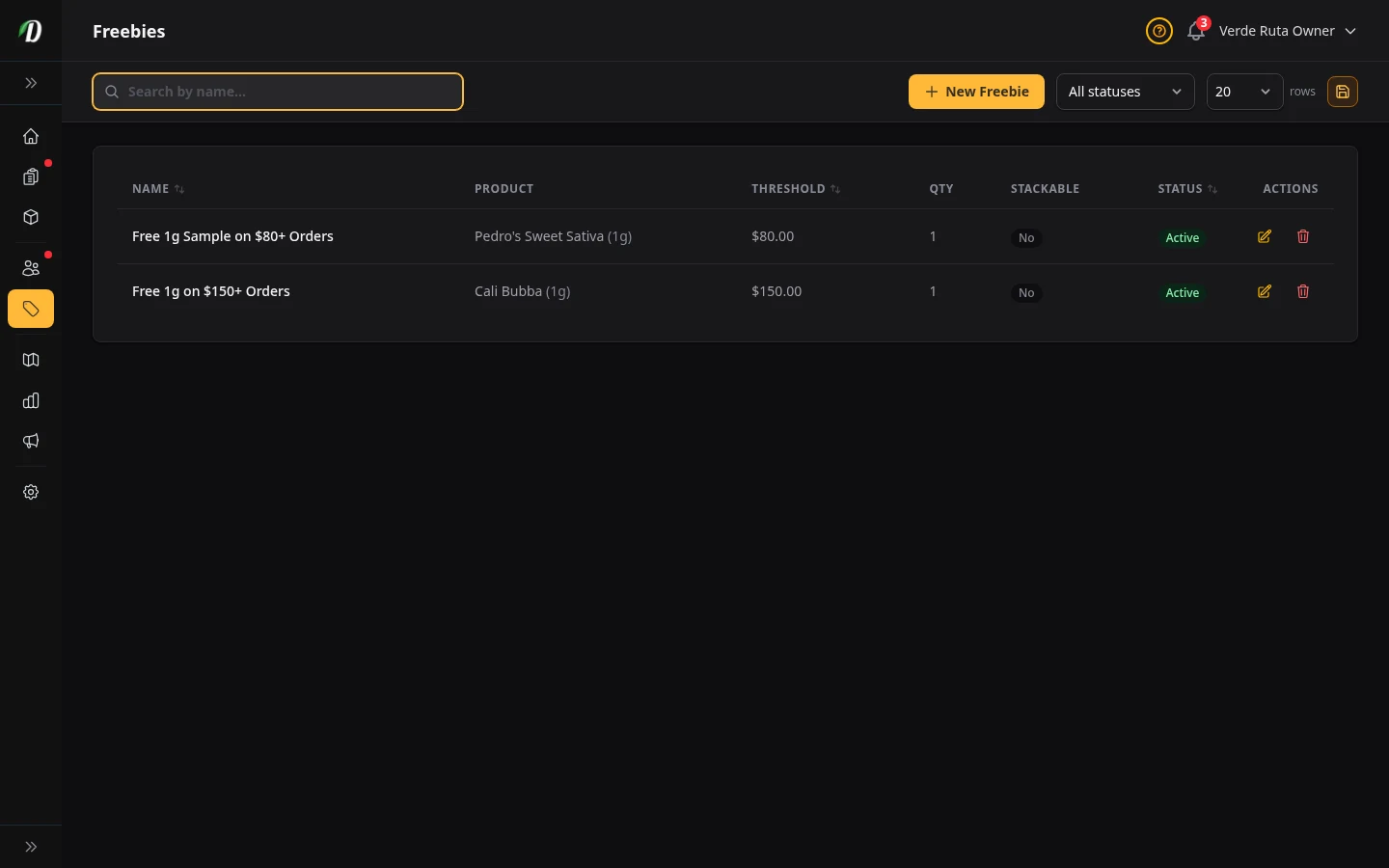 DabDash freebies page showing spend thresholds, reward products, and active rule status
