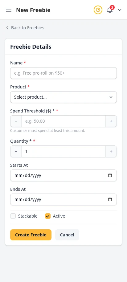 DabDash add freebie rule form showing spend threshold, reward product, and quantity fields — mobile view