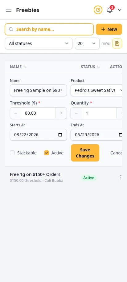 DabDash freebie editor showing a saved reward rule with threshold and product settings — mobile view