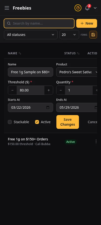 DabDash freebie editor showing a saved reward rule with threshold and product settings — mobile view