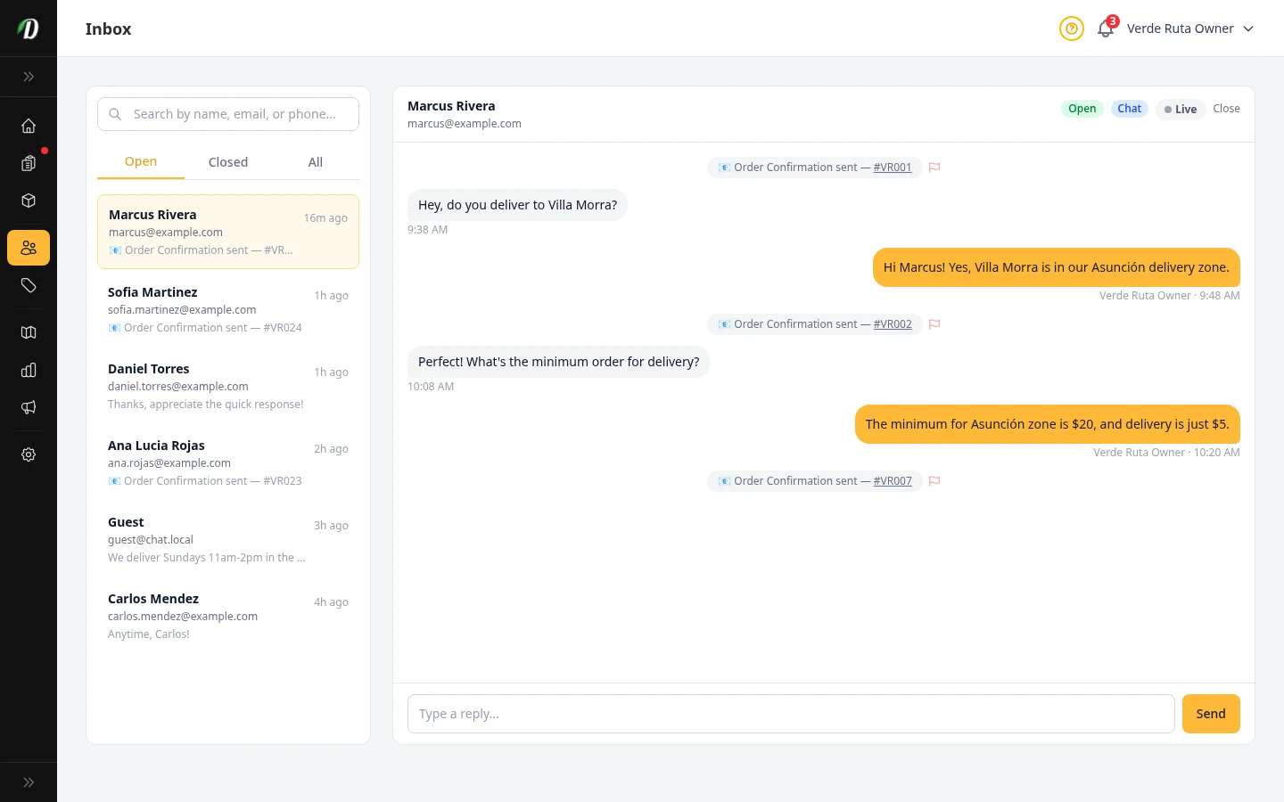DabDash inbox conversation showing a full back and forth chat with a customer about an order