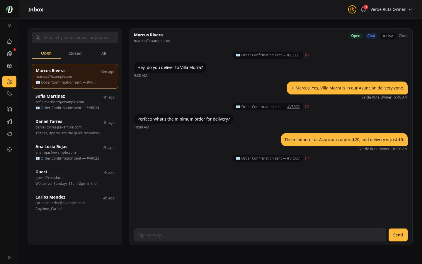 DabDash inbox conversation showing a full back and forth chat with a customer about an order