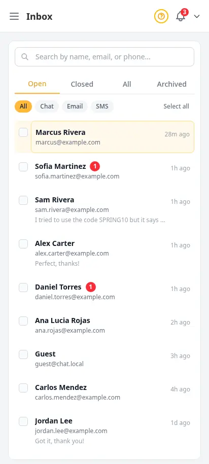 DabDash inbox showing customer conversations with unread badges and open chat threads — mobile view