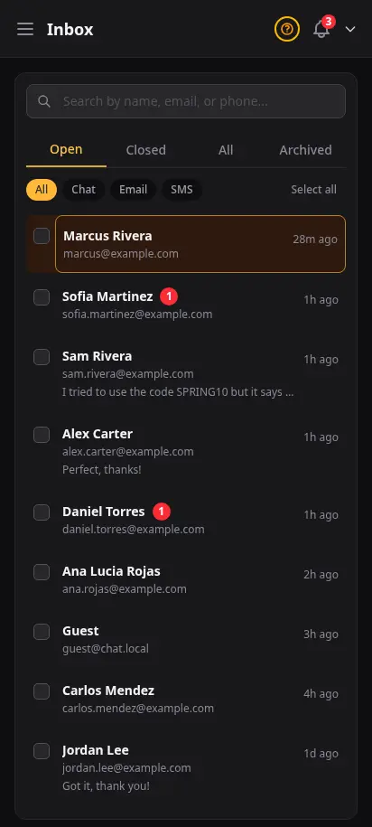 DabDash inbox showing customer conversations with unread badges and open chat threads — mobile view