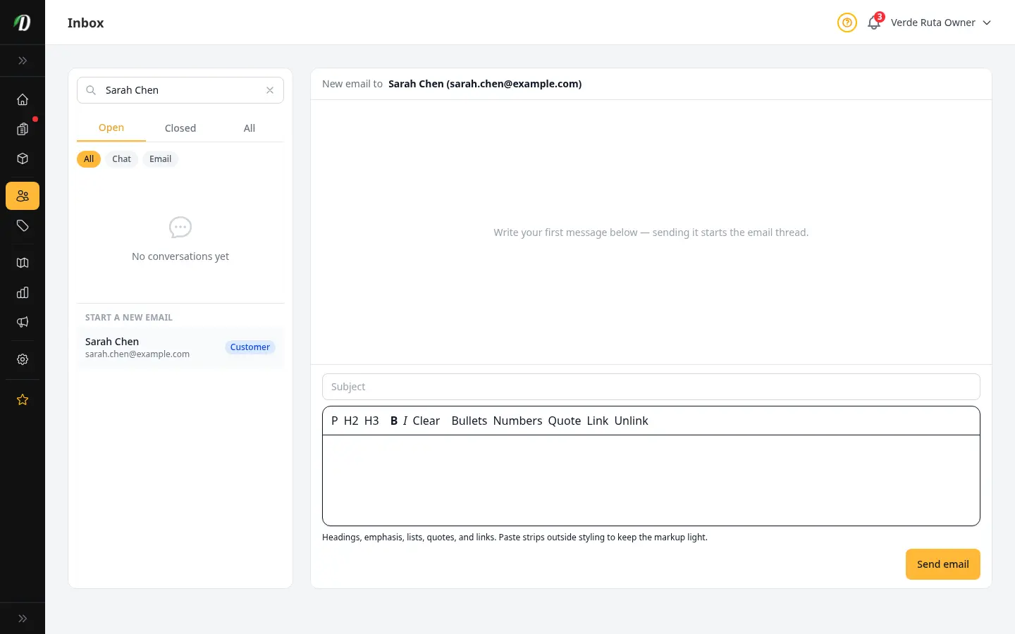 DabDash inbox composing a new email to a customer, with recipient, subject field and rich text editor ready to send the first message