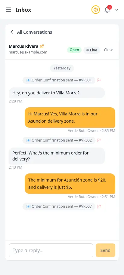 DabDash inbox composing a new email to a customer, with recipient, subject field and rich text editor ready to send the first message — mobile view