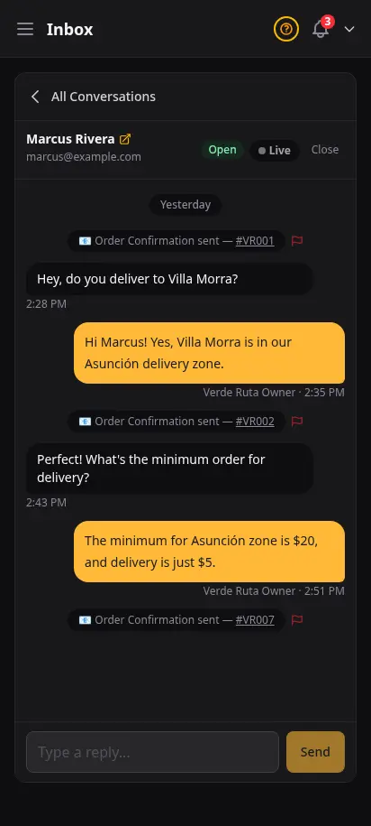 DabDash inbox composing a new email to a customer, with recipient, subject field and rich text editor ready to send the first message — mobile view