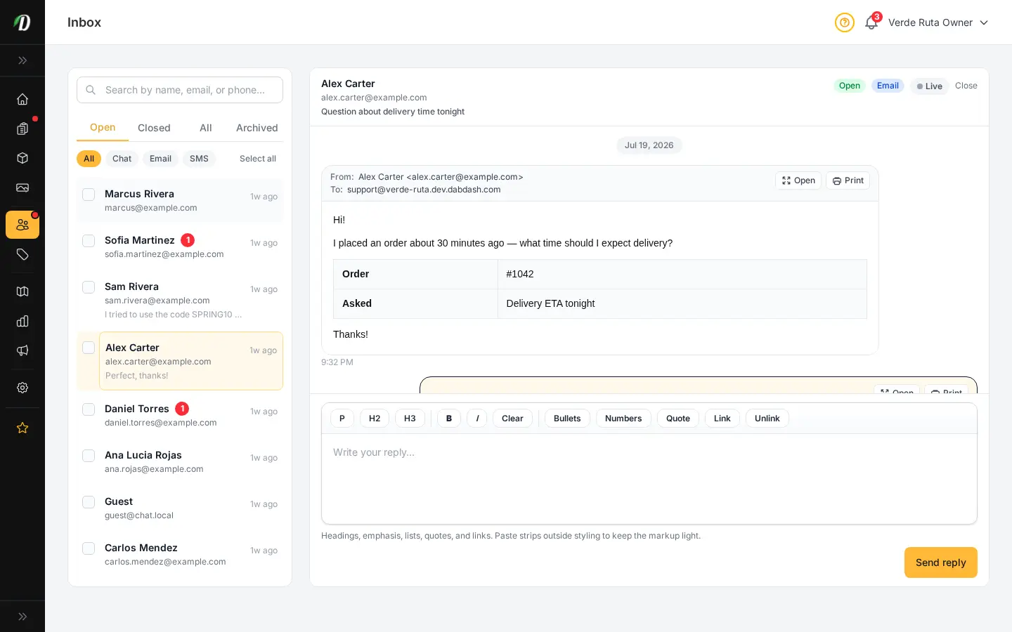 DabDash inbox email thread with Open and Print beside the From and To header and a sandboxed HTML email preview
