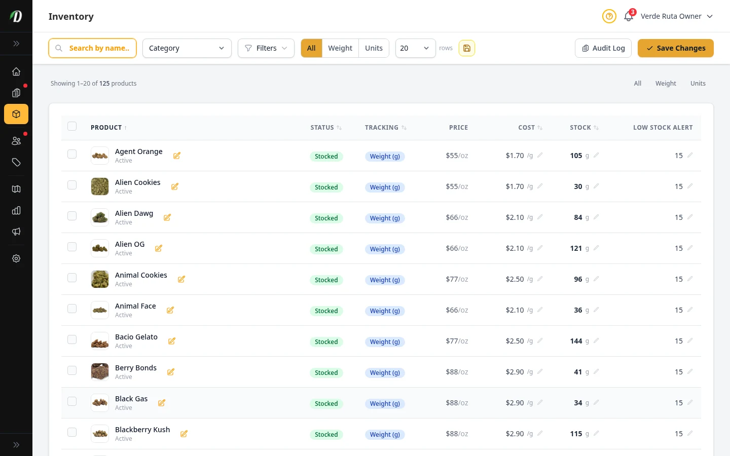 DabDash inventory page showing rich stock levels, unit counts, and low stock signals