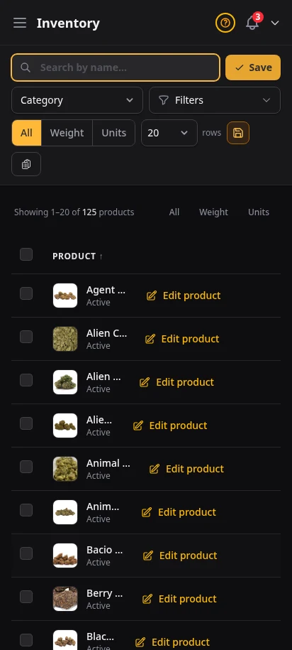 DabDash inventory page showing rich stock levels, unit counts, and low stock signals — mobile view