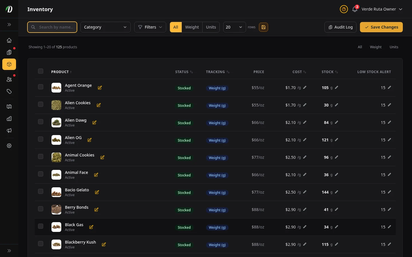 DabDash inventory page showing rich stock levels, unit counts, and low stock signals