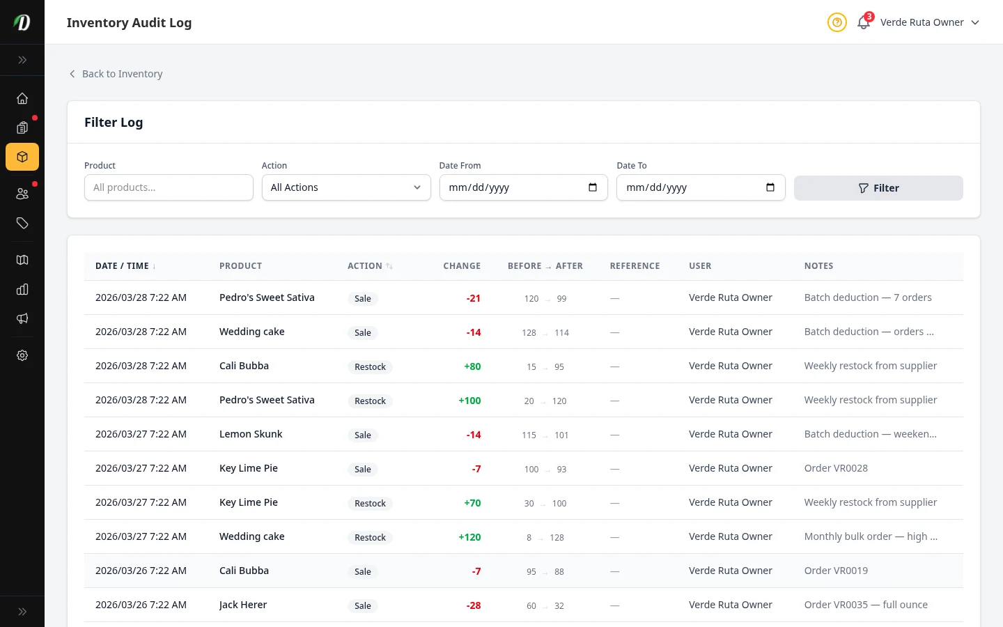 DabDash inventory audit log showing stock changes, reasons, timestamps, and quantities