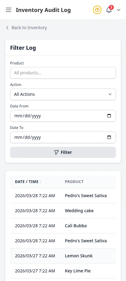 DabDash inventory audit log showing stock changes, reasons, timestamps, and quantities — mobile view