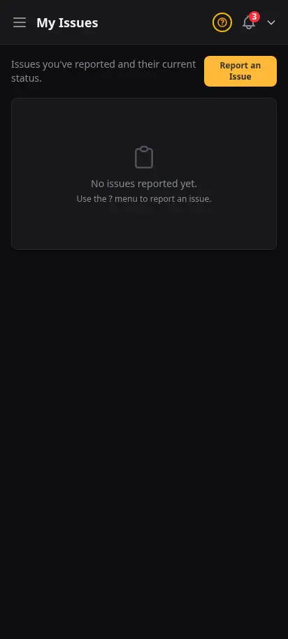 DabDash my issues page showing reported tickets with type, summary, status, and submitted date