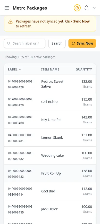 DabDash Metrc inventory page showing state package totals, tag numbers, and quantities synced from the Metrc API — mobile view