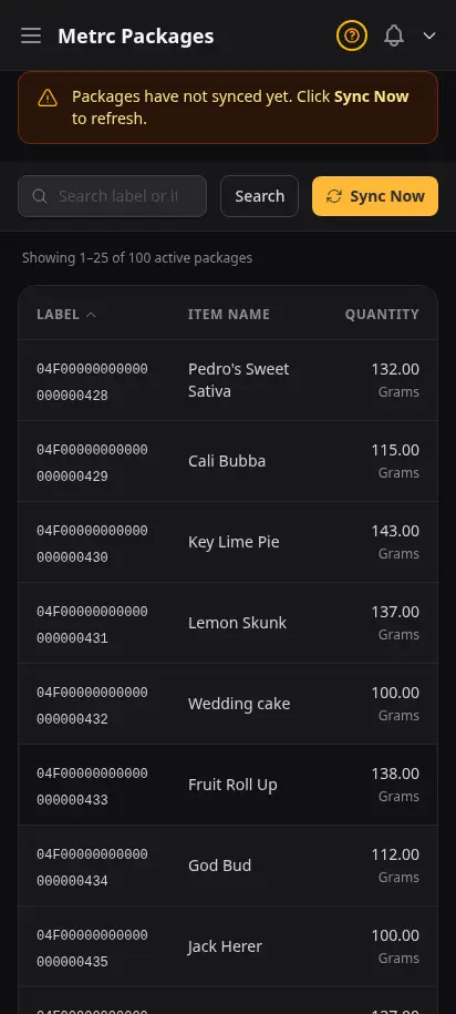 DabDash Metrc inventory page showing state package totals, tag numbers, and quantities synced from the Metrc API — mobile view