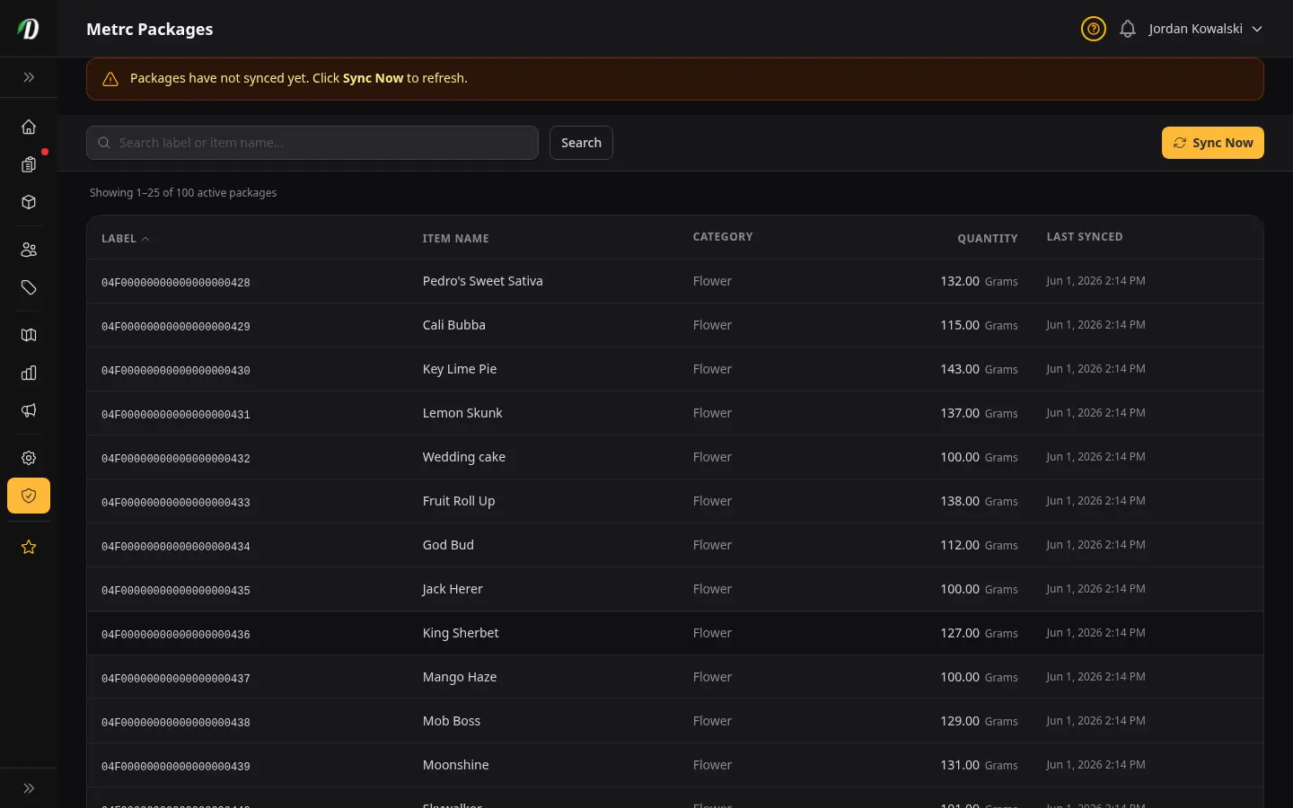 DabDash Metrc inventory page showing state package totals, tag numbers, and quantities synced from the Metrc API
