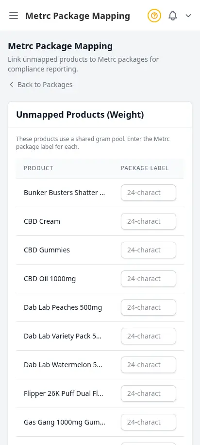 DabDash Metrc mapping page showing state packages linked to DabDash products with quantities and unit conversions — mobile view