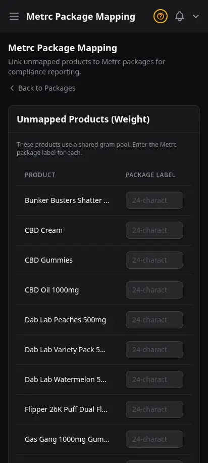 DabDash Metrc mapping page showing state packages linked to DabDash products with quantities and unit conversions — mobile view