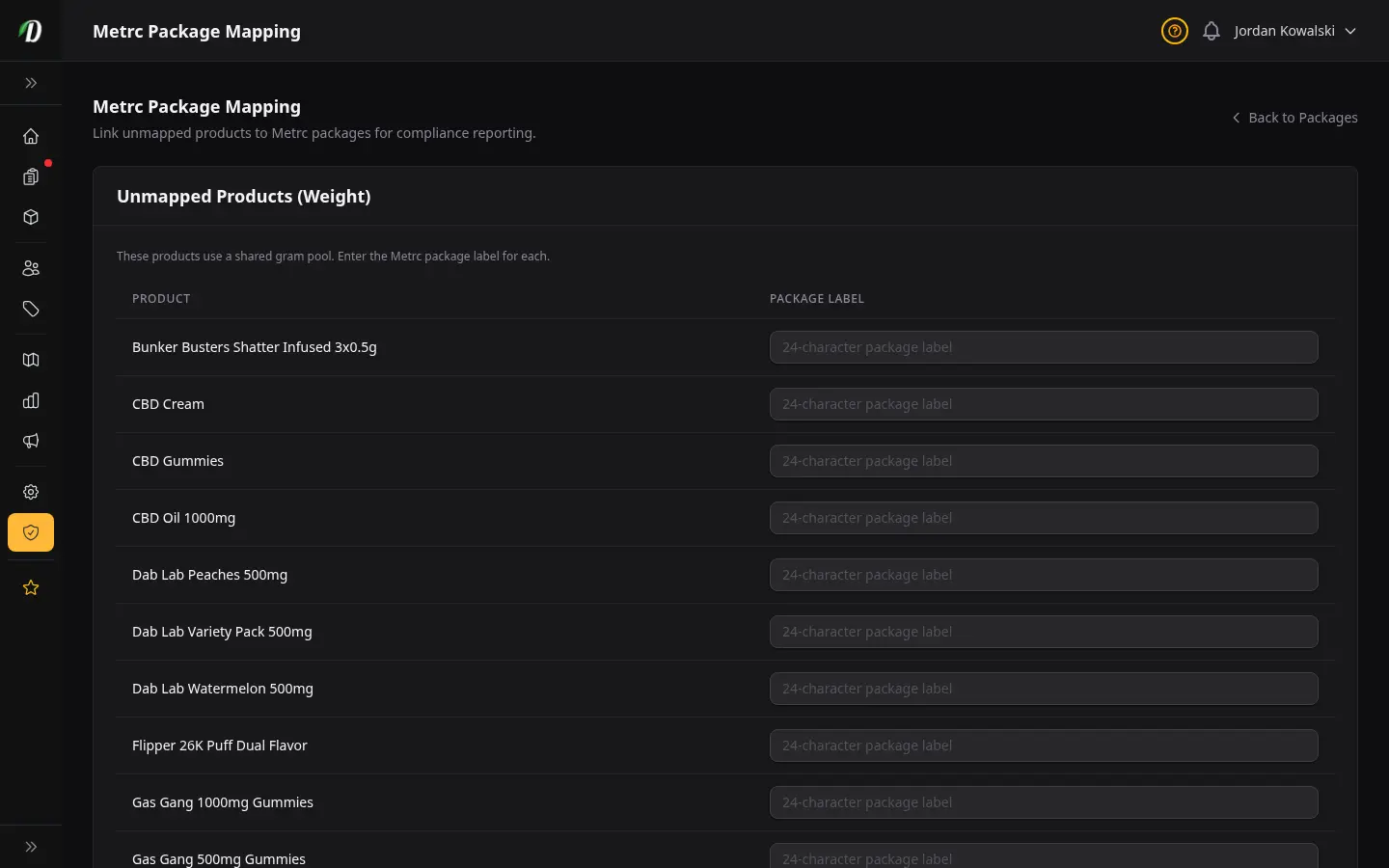 DabDash Metrc mapping page showing state packages linked to DabDash products with quantities and unit conversions