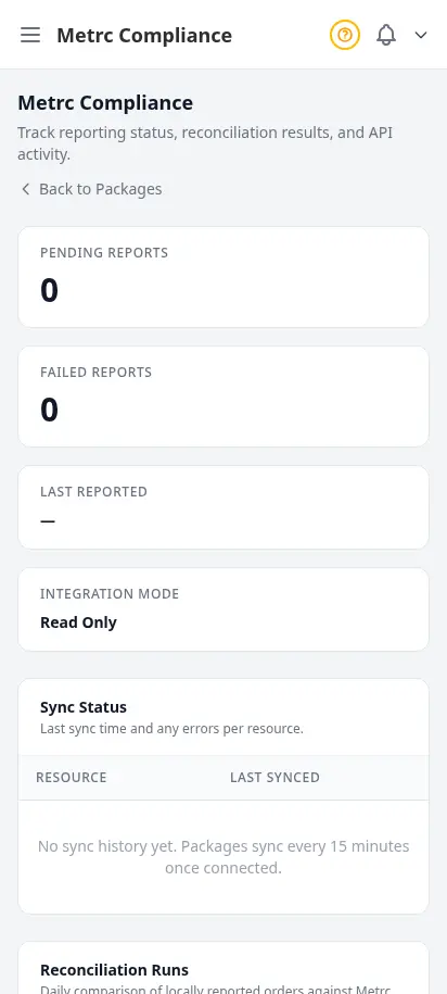 DabDash Metrc compliance page showing sync status, reconciliation runs, and recent API activity for state audits — mobile view