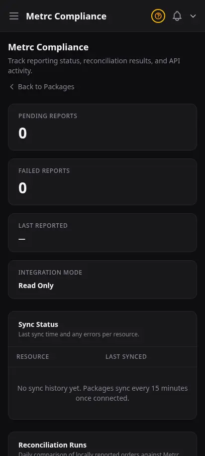 DabDash Metrc compliance page showing sync status, reconciliation runs, and recent API activity for state audits — mobile view