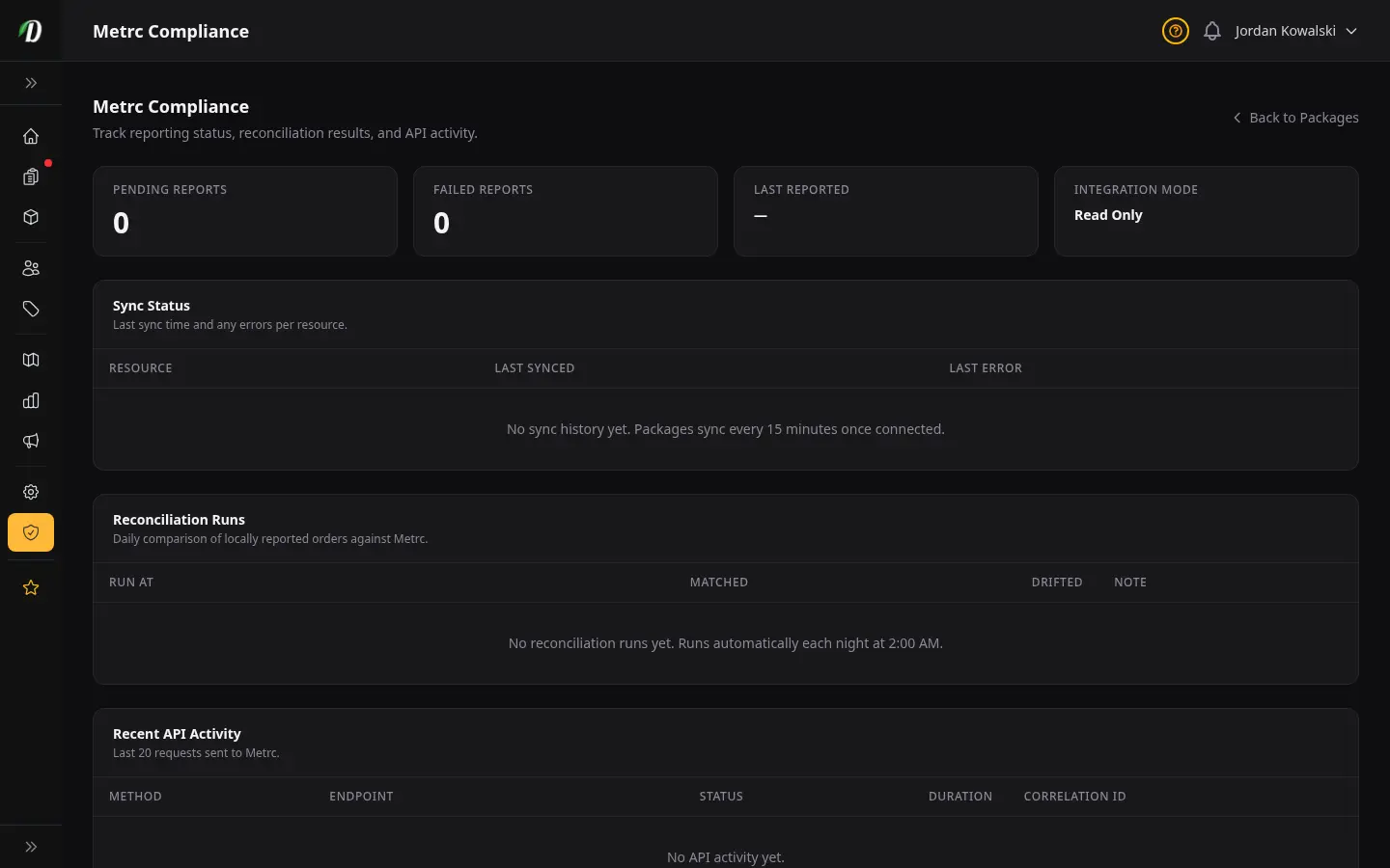 DabDash Metrc compliance page showing sync status, reconciliation runs, and recent API activity for state audits