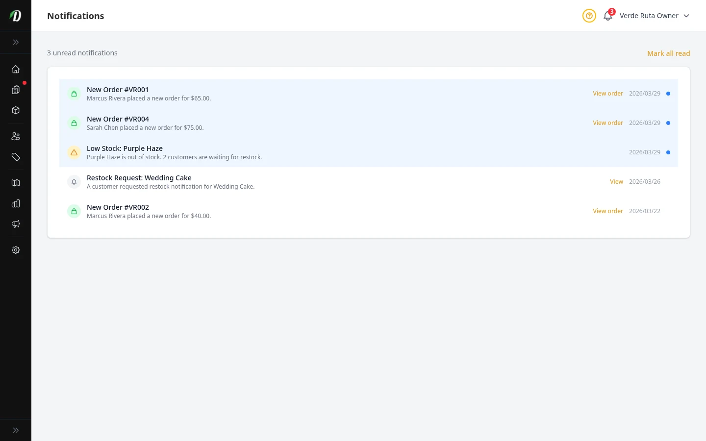 DabDash notification feed showing unread order alerts, stock alerts, and timestamps