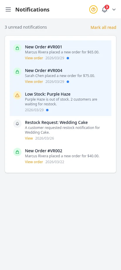 DabDash notification feed showing unread order alerts, stock alerts, and timestamps