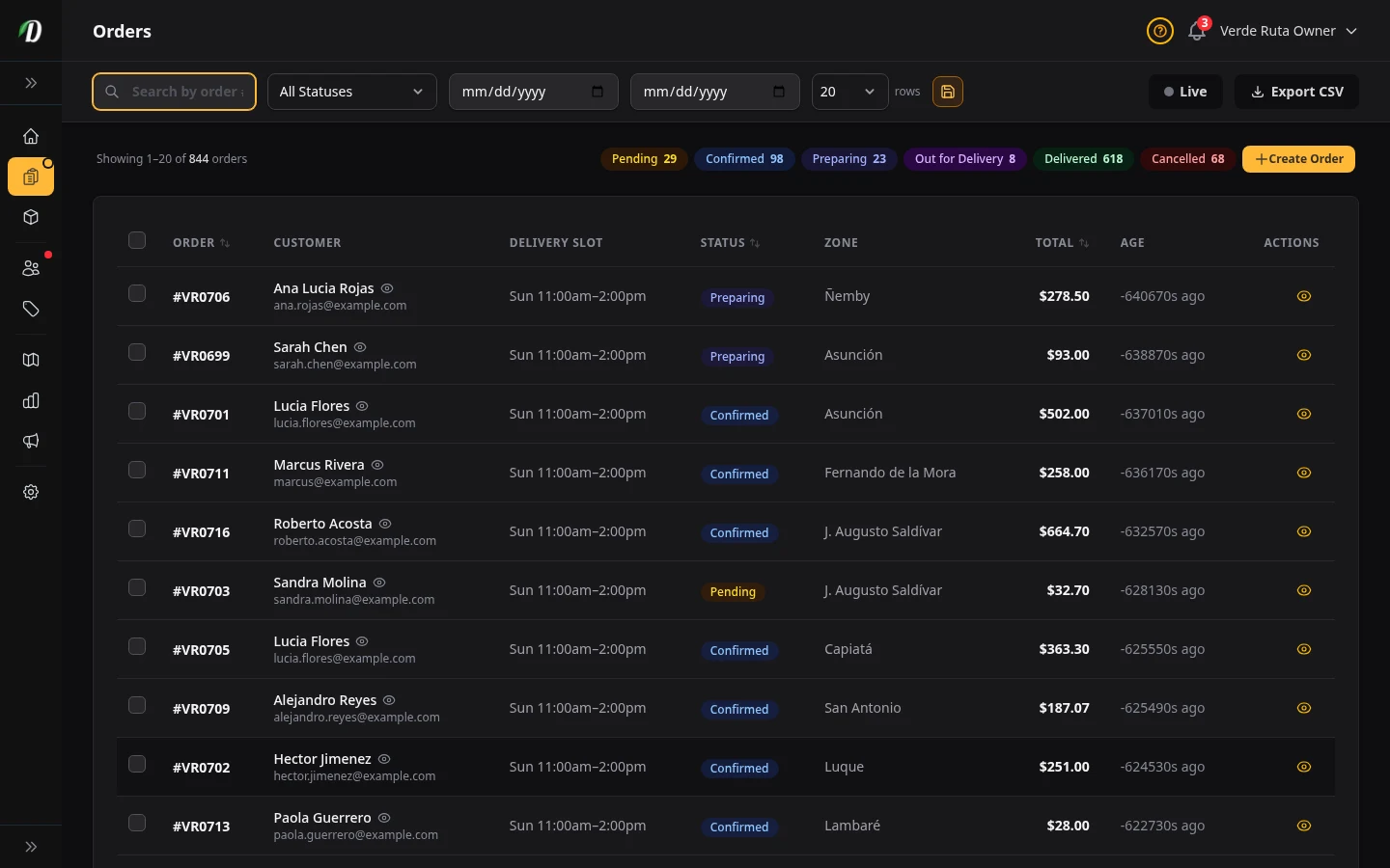 DabDash order table showing live orders with customer names, status badges, totals, and delivery windows