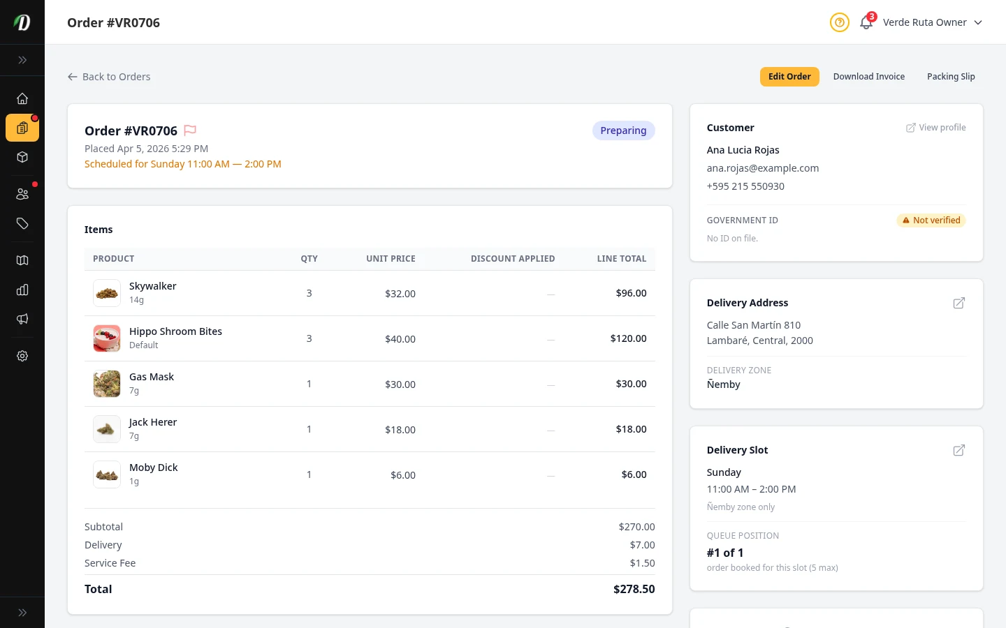 DabDash order detail page showing customer information, line items, delivery fee, and payment status