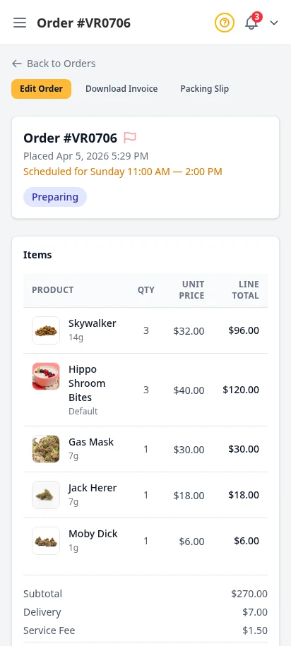 DabDash order detail page showing customer information, line items, delivery fee, and payment status — mobile view