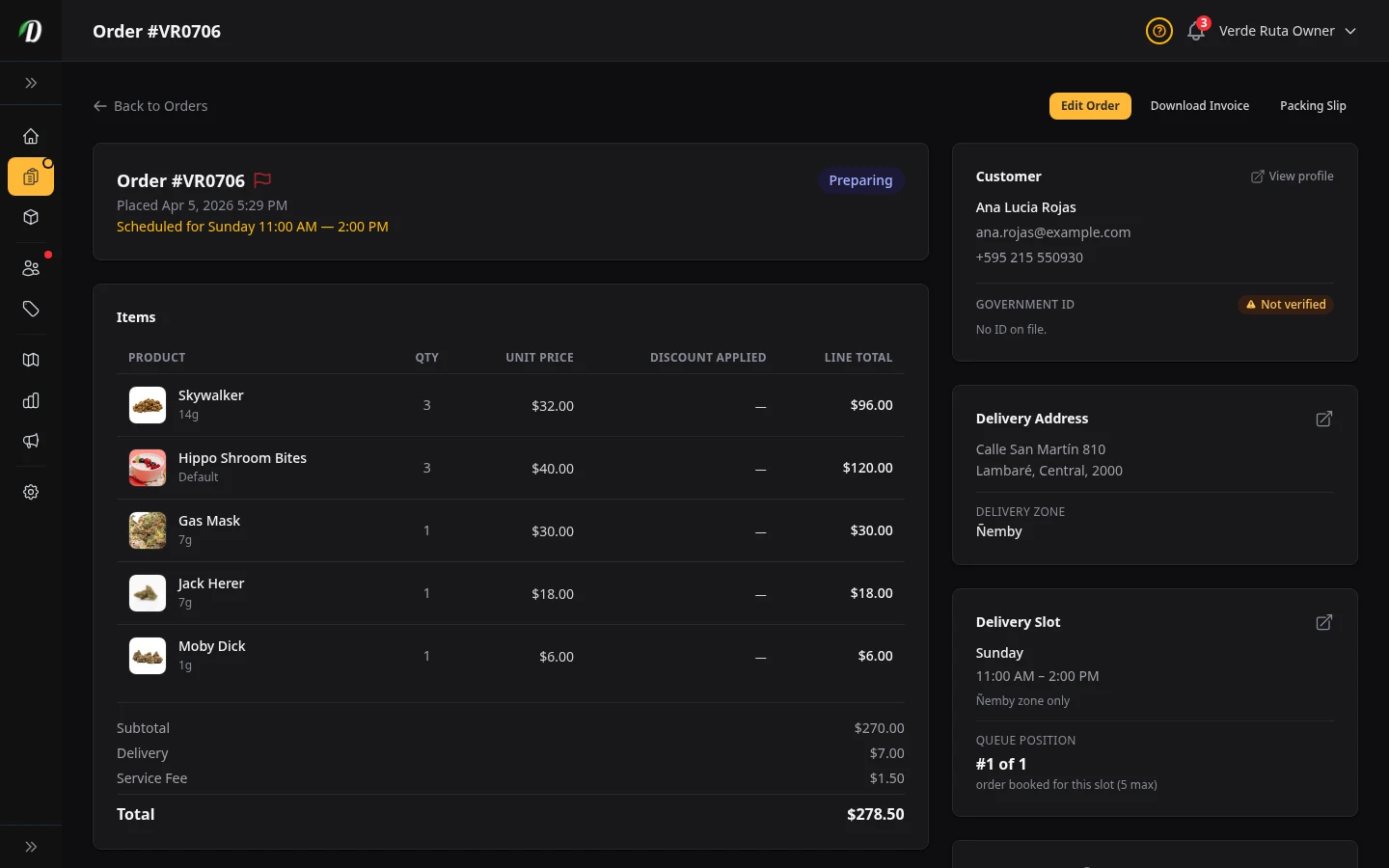 DabDash order detail page showing customer information, line items, delivery fee, and payment status