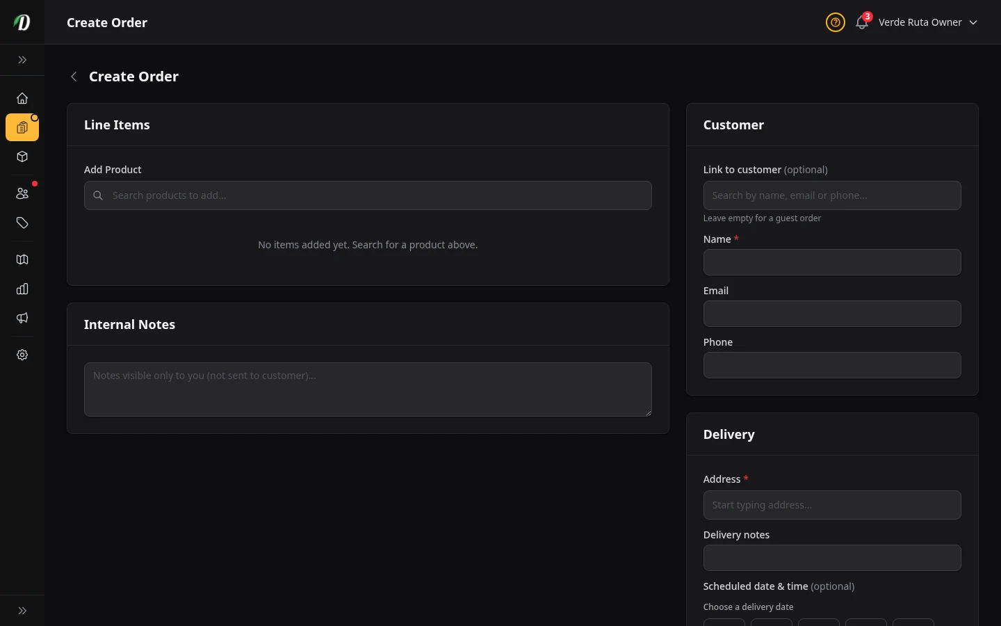 DabDash create order page showing customer, address, product, and delivery controls