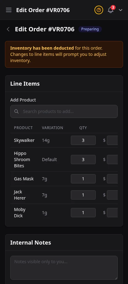 DabDash edit order page showing saved order details, item adjustments, and order status controls — mobile view