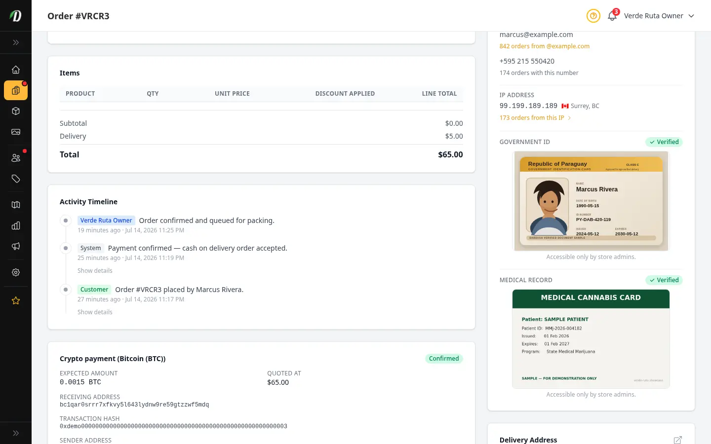 DabDash order detail showing a confirmed crypto payment with the network, amount, receiving address, and transaction hash