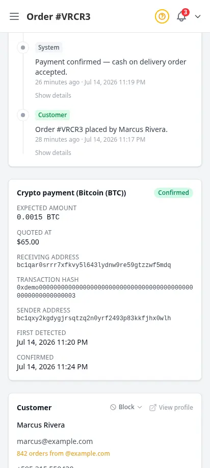DabDash order detail showing a confirmed crypto payment with the network, amount, receiving address, and transaction hash — mobile view