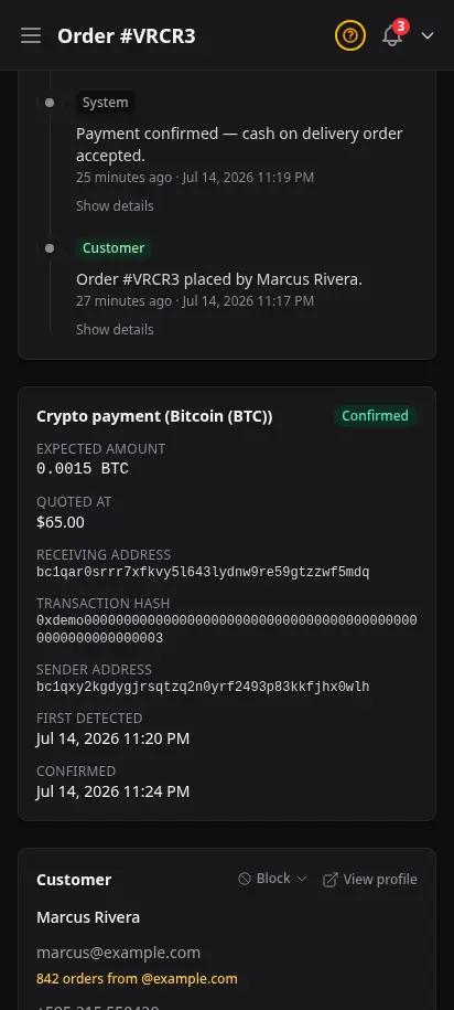 DabDash order detail showing a confirmed crypto payment with the network, amount, receiving address, and transaction hash — mobile view