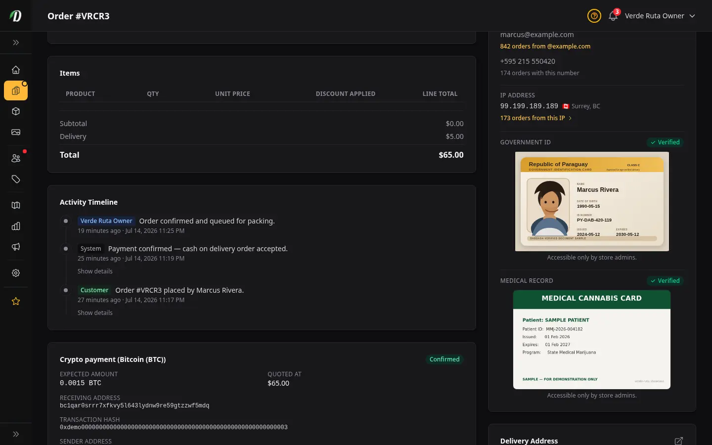 DabDash order detail showing a confirmed crypto payment with the network, amount, receiving address, and transaction hash