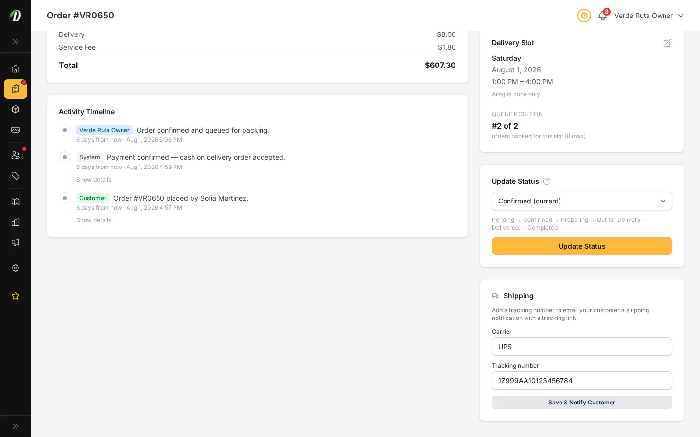 DabDash order detail page showing the Shipping card with Carrier and Tracking number fields and a Save & Notify Customer button
