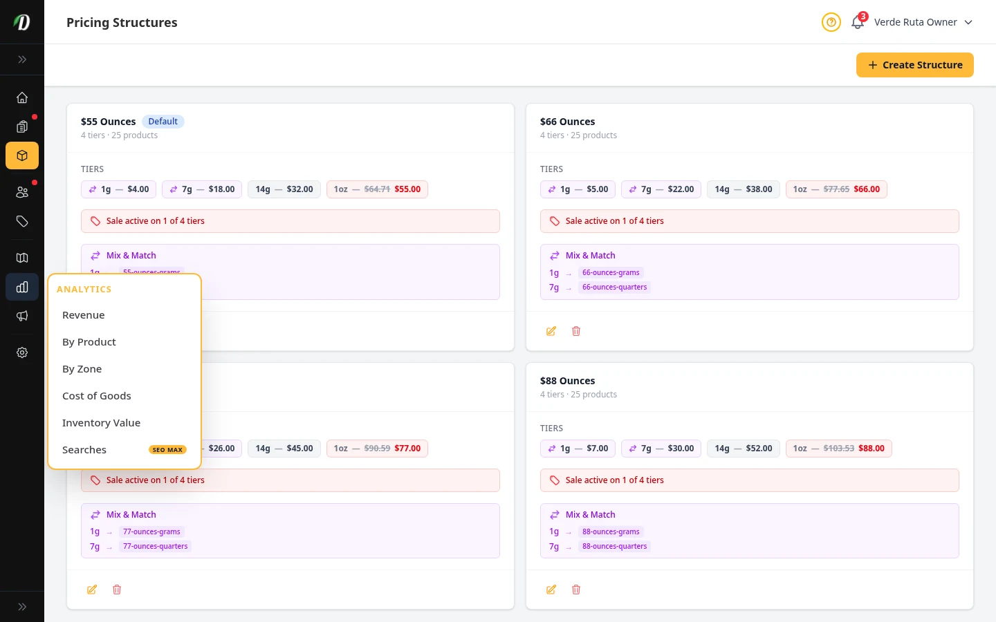 DabDash pricing structures page showing saved pricing plans, weights, and active tags