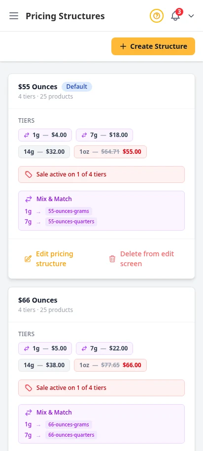DabDash pricing structures page showing saved pricing plans, weights, and active tags — mobile view