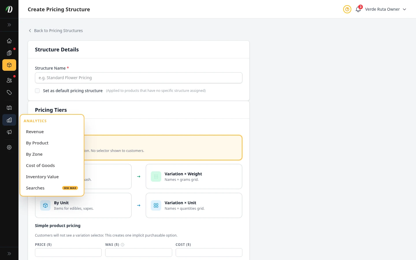 DabDash pricing structure form showing discount setup, weight rules, and mix and match options