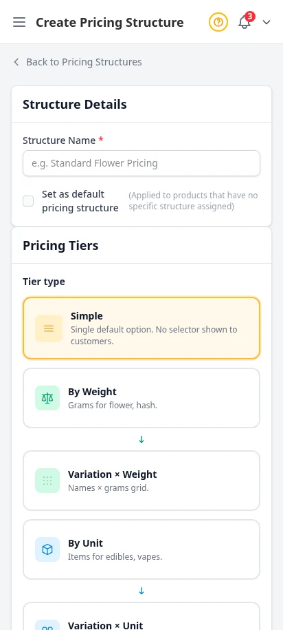 DabDash pricing structure form showing discount setup, weight rules, and mix and match options — mobile view