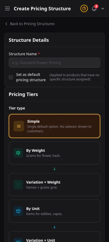 DabDash pricing structure form showing discount setup, weight rules, and mix and match options — mobile view