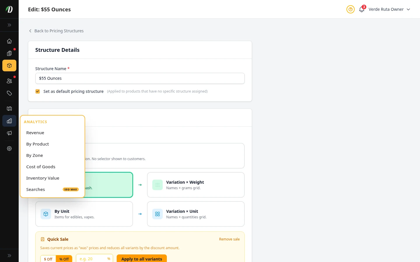 DabDash pricing editor showing tier thresholds, discounts, and structure details